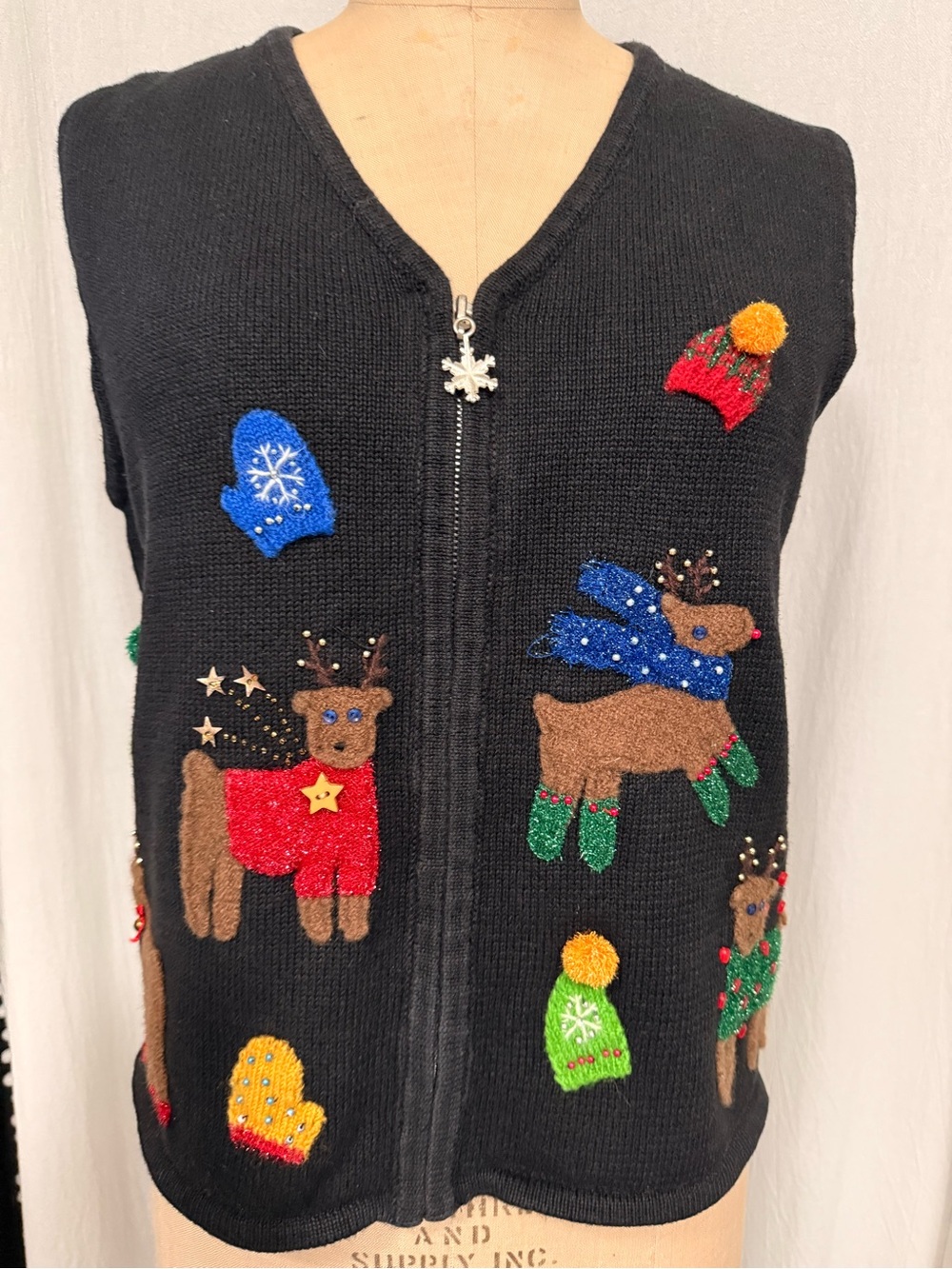 Marisa Christina Holiday Reindeer Zip Front Sweater Vest sz M